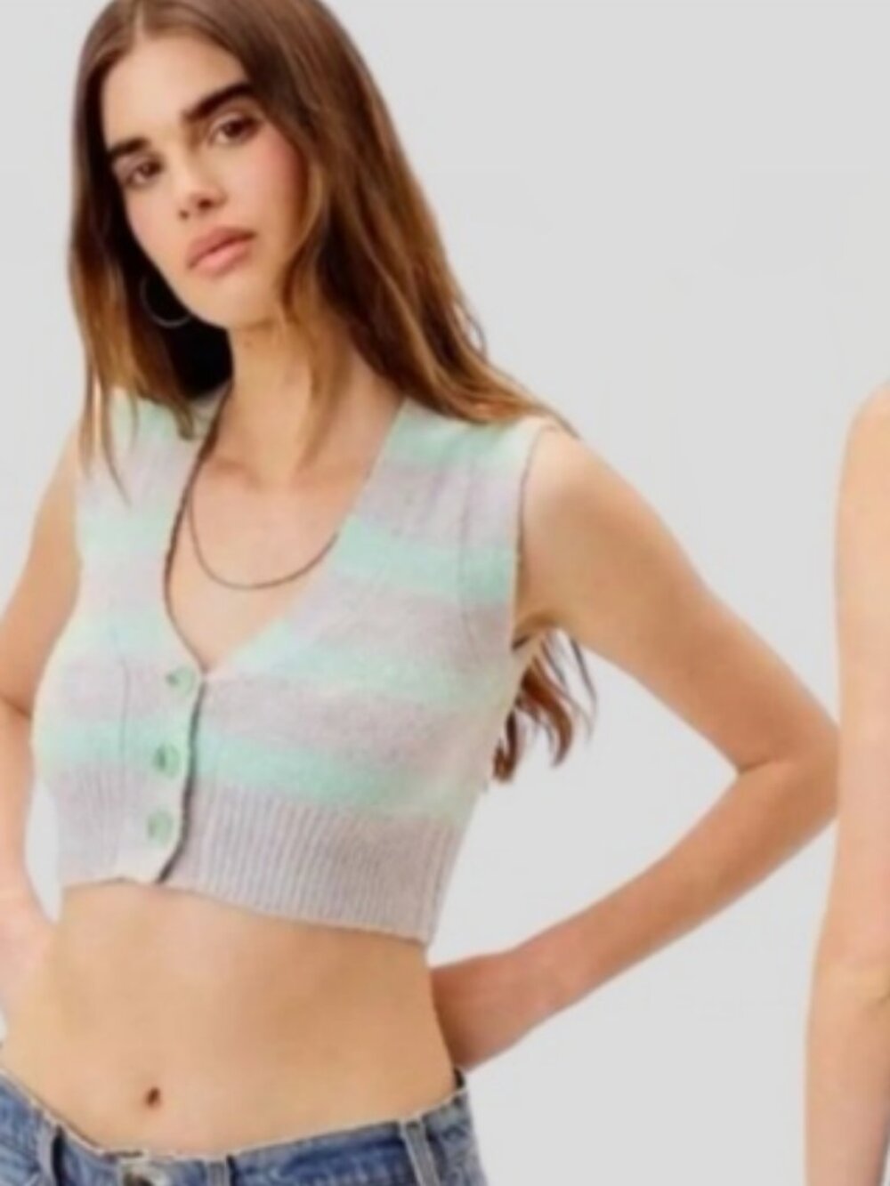 For Love & Lemons Maud Cropped Sweater Vest - Mint & Grey Sz M - Picture 2 of 11